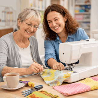 a lady showing someone how to use a sewing machine