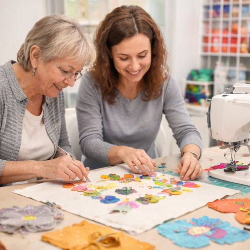 a person showing someone how to do applique