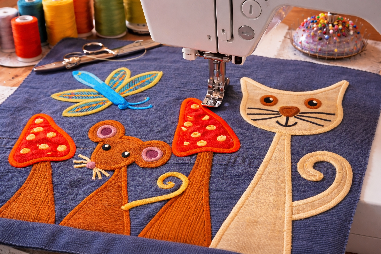this image shows applique being done on a sewing machine