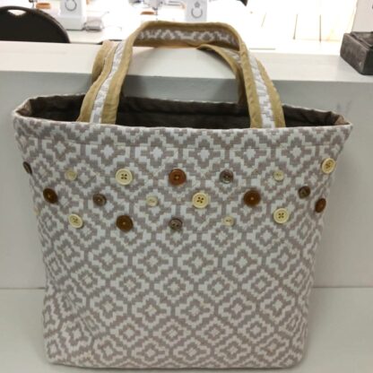 stunning button tote bag made on a workshop at sew mindful crafts