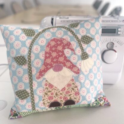 applique gonk cushion made on a workshop at sew mindful crafts
