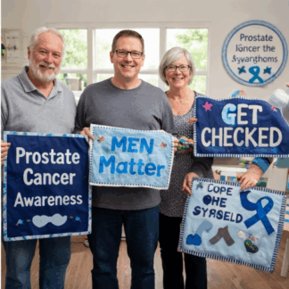 people holding up their hand made fabric signs